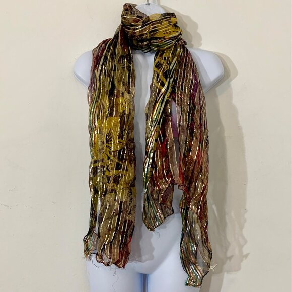 Khadely Metallic Gold Striped Multicolor Floral Motif Rectangular Scarf 70x31 - Picture 3 of 7